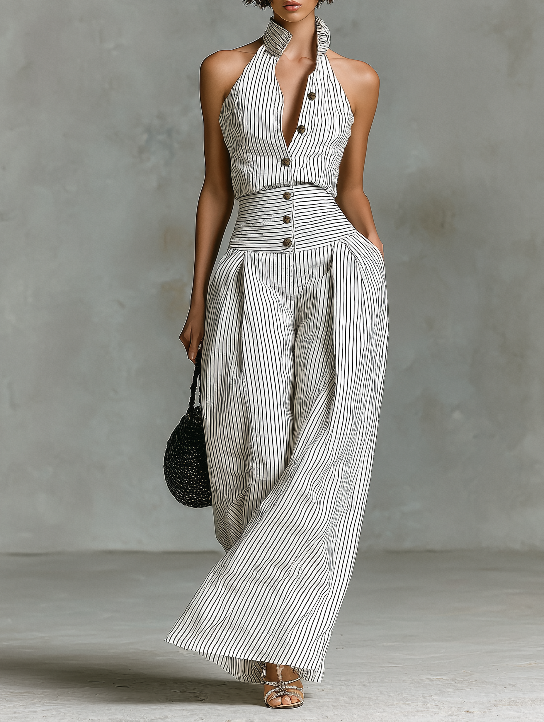Minimalist Women's Suit with Stripes Made of Linen Fabric, Sleeveless with One Button Closure MDZ1950C7Y