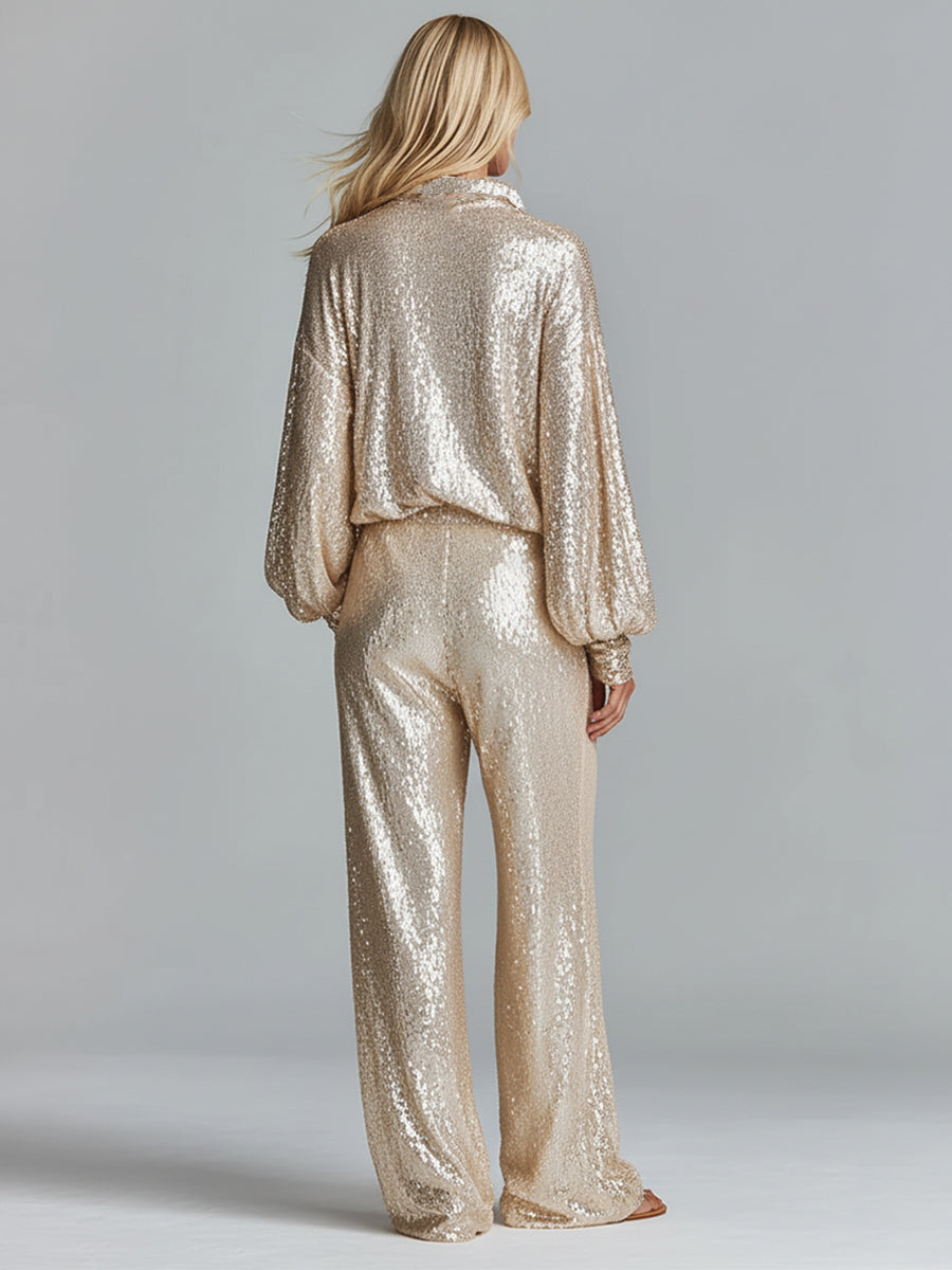 Women's Lingerie Party Set with Collar and Shiny Gold Sequins - Half Zipper and Wide Leg MDA2425I0I