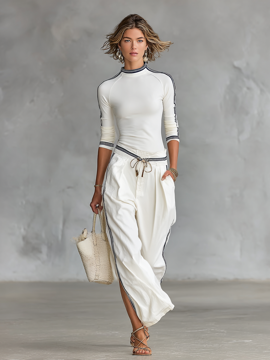 Long Sleeve High Neck T-Shirt for Women and Wide Pants with Drawstring - Two-Piece Set