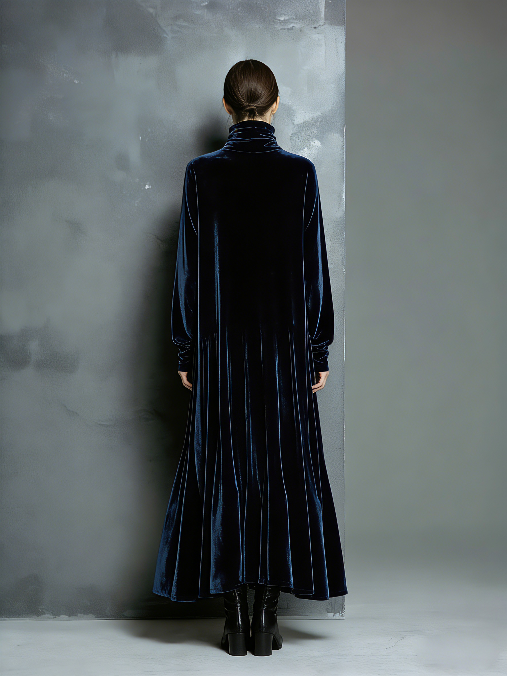 Long Maxi Dress for Women in Elegant Style in Navy Blue with High Wide Collar MDZ1680A8AN