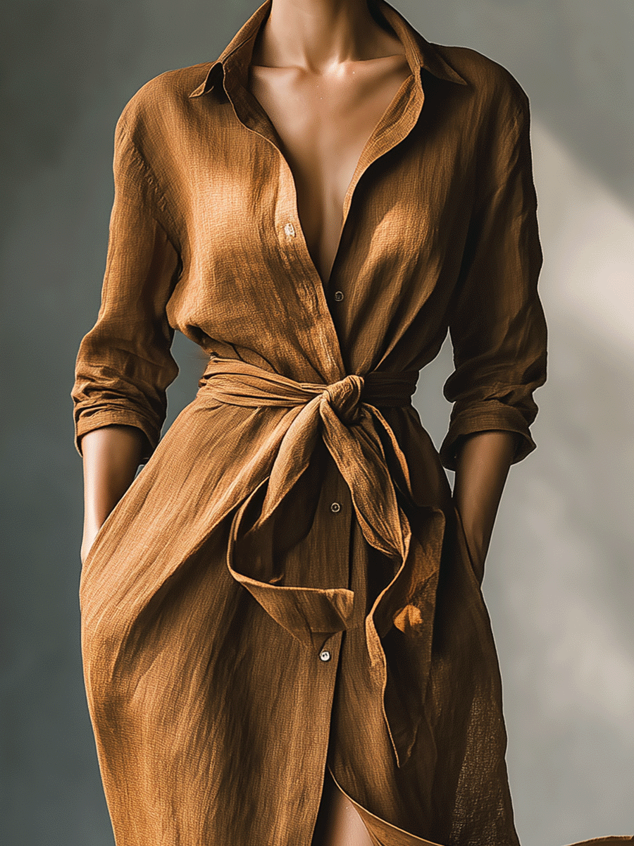 Vintage Brown Maxi Shirt Dresses for Women MDA2898G6I