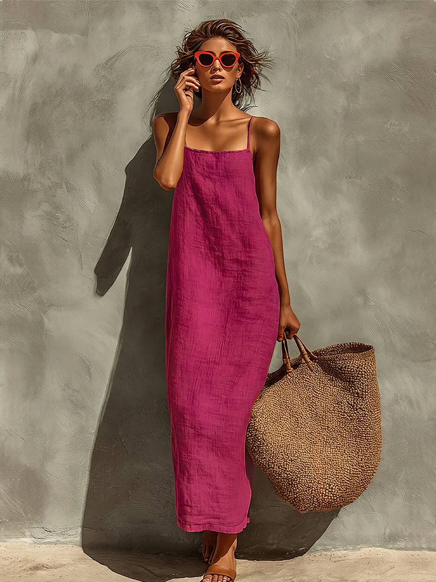Red Cotton Dress for Women with Spaghetti Straps and Square Neckline, Timeless Boho-Resort Dress MDZ0924C3I