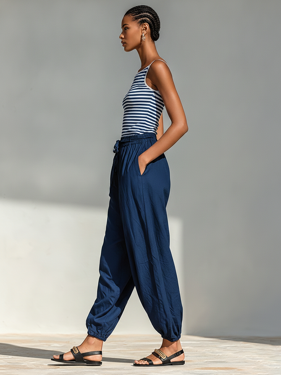 Two-Piece Set for Women in Navy and White with a Square Neckline Slim Top and Drawstring Pants, Minimalist Vacation Outfit MDZ0518F8LYL