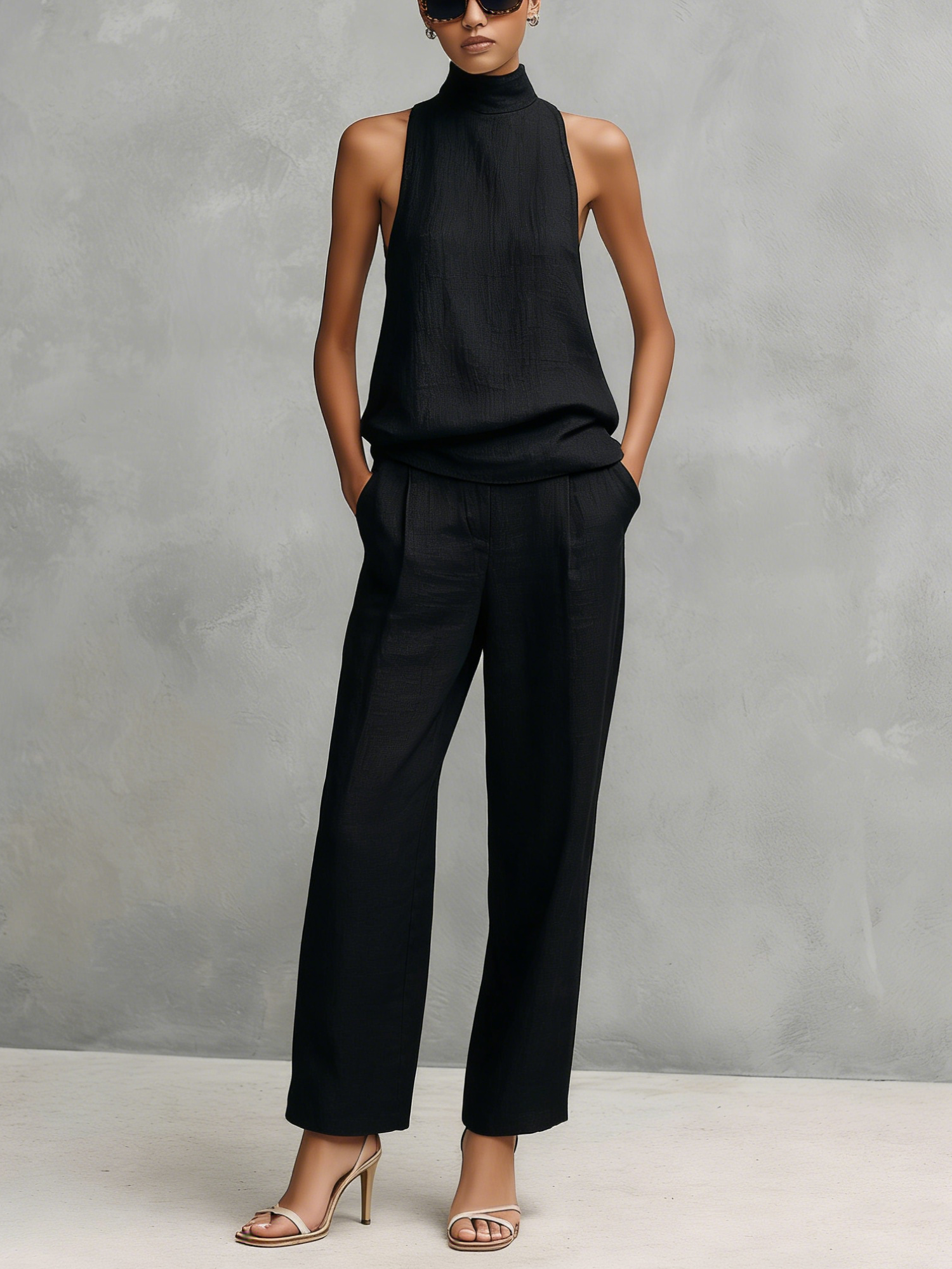 Women's Elegant Black Top and Pants Set, Made of Cotton and Linen, with a Round Collar and Sleeveless MDZ1441A4AN