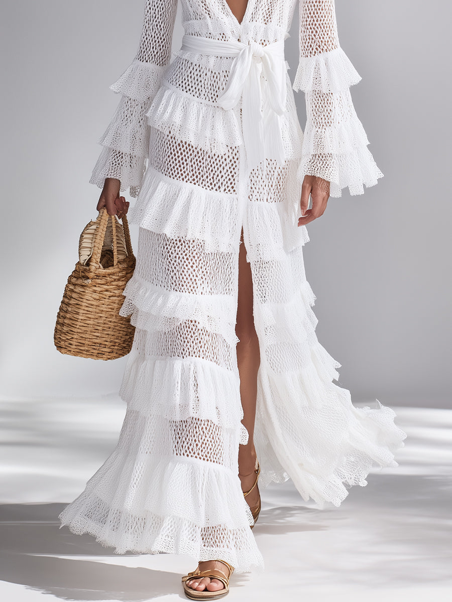 Knitted Cardigan in Crispy White for Women with Deep V Neck and Layered Ruffles, Timeless Bohemian-Glam Style MDA2372L3I