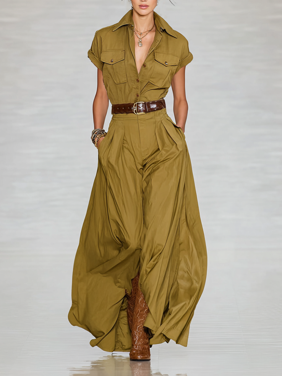 Maxi Dress with Short Sleeve Collar in Mixed Cotton for Women MDA1876G9Y