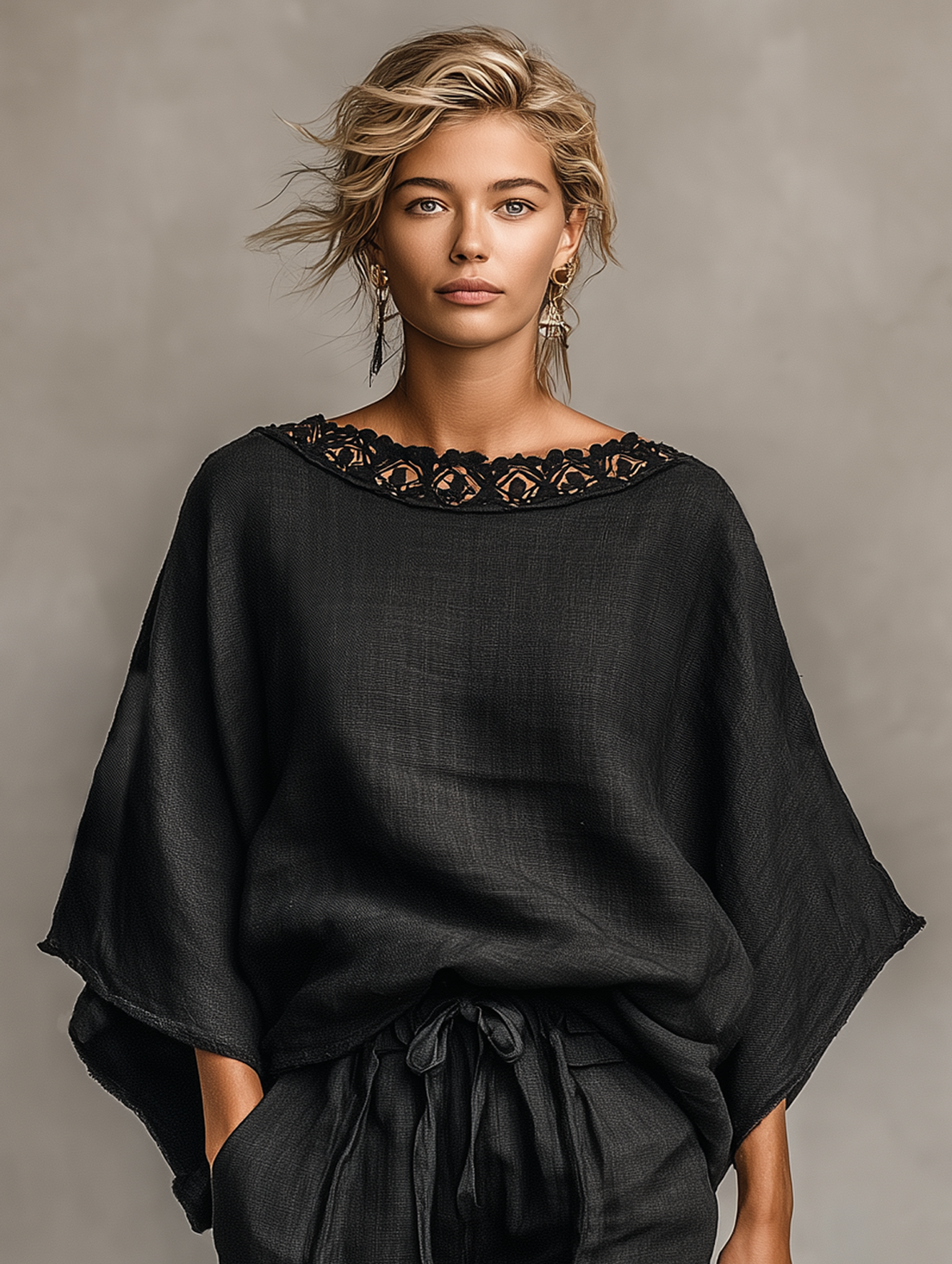 Women's Short Sleeve Top and Shorts Set Made from Blended Fabrics with Linen, Lace Boat Neck MDZ1635A9Y