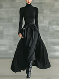 Black Maxi Dress for Women with High Collar, High Stretch, Knitted and Satin MDA2851J4T