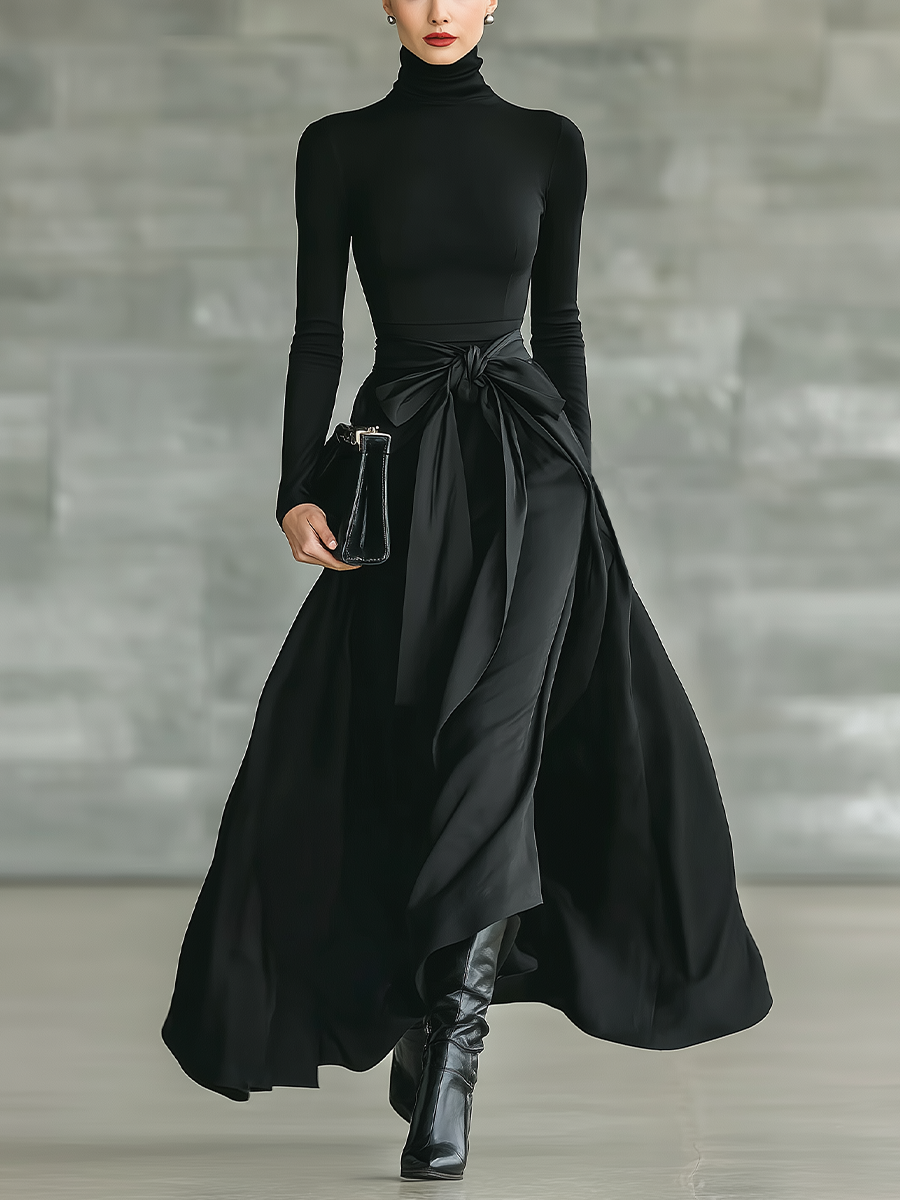 Black Maxi Dress for Women with High Collar, High Stretch, Knitted and Satin MDA2851J4T