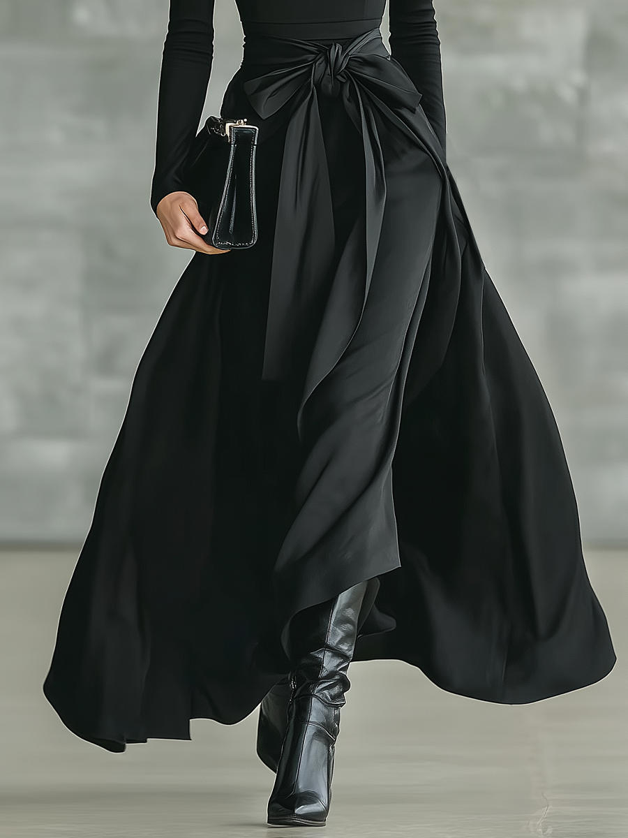 Black Maxi Dress for Women with High Collar, High Stretch, Knitted and Satin MDA2851J4T