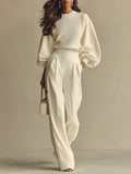 Textured Ivory Set for Women with Crinkled Round Neckline and High-Waisted Pants, Modern and Refined Set MDA2231L6I