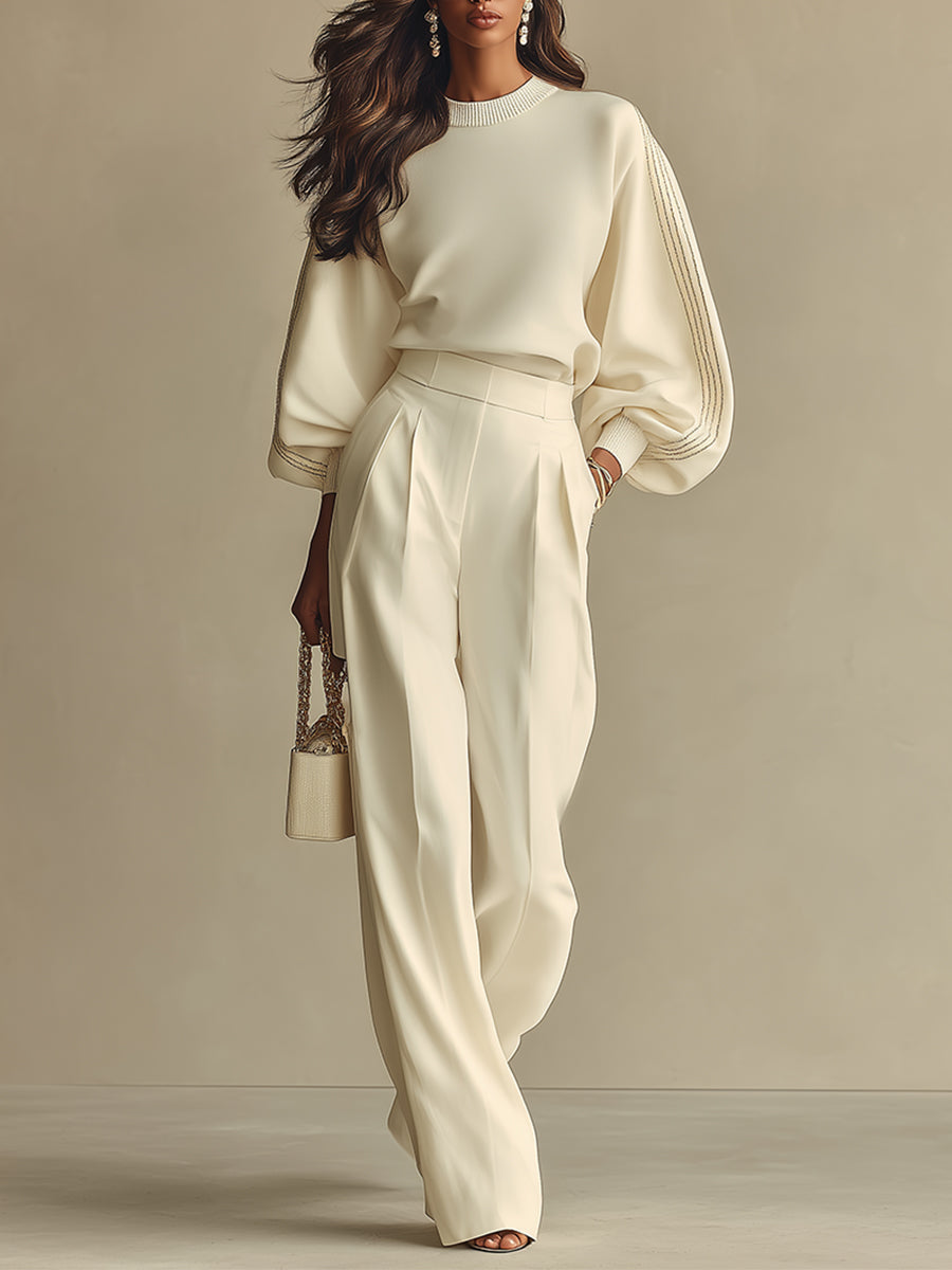 Textured Ivory Set for Women with Crinkled Round Neckline and High-Waisted Pants, Modern and Refined Set MDA2231L6I