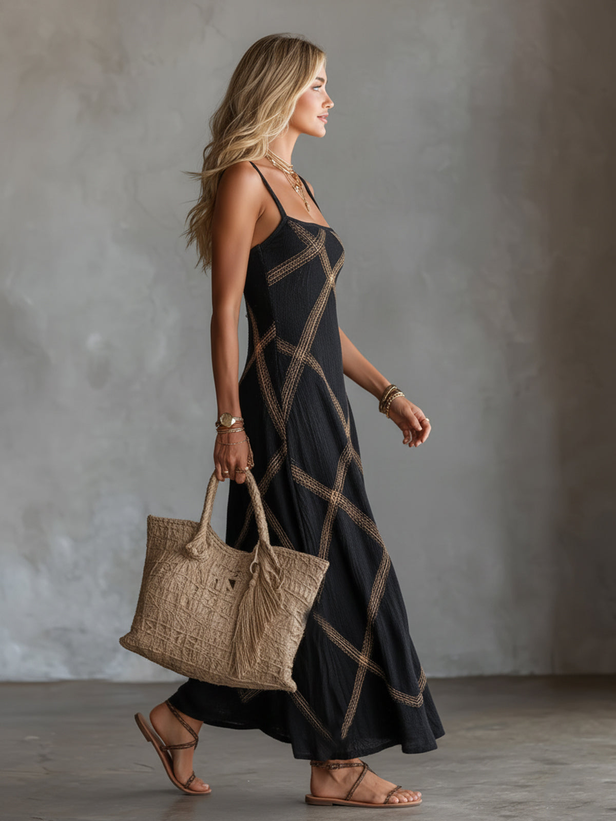 Elegant Maxi Dresses in Black-Camel with Geometric Print and Spaghetti Straps