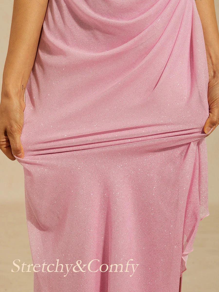Sparkling Mesh Ankle-Length Dresses with Off-Shoulder Sleeves