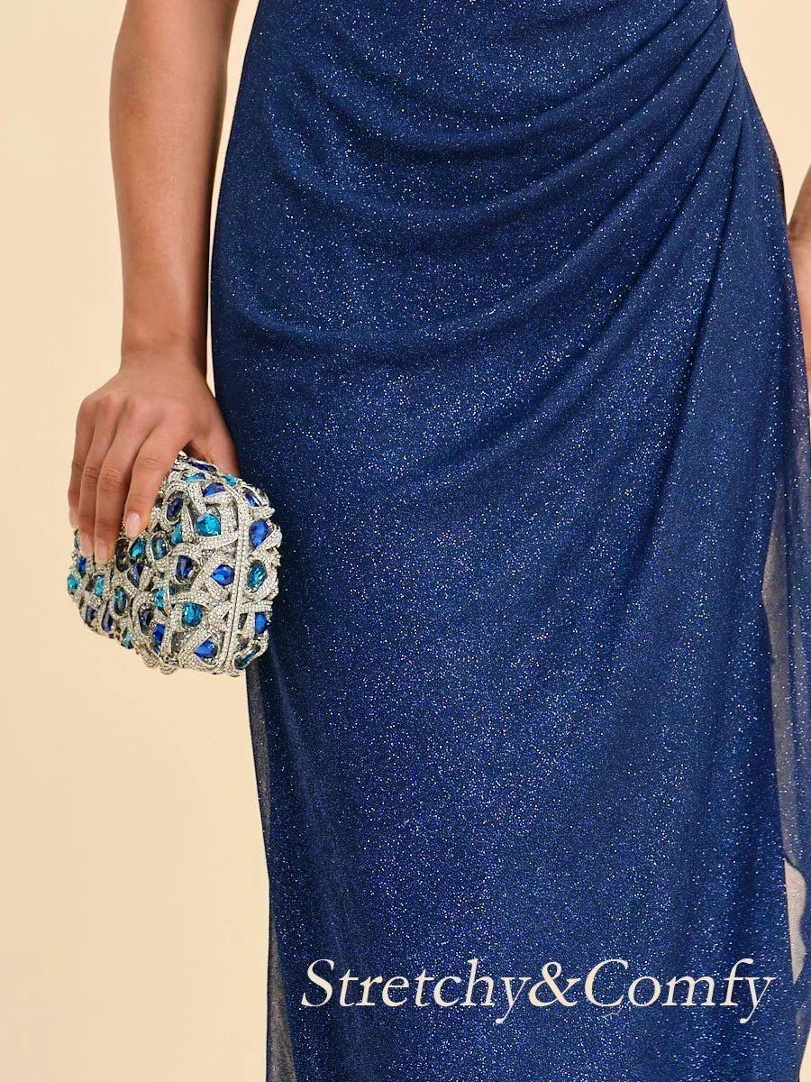 Sparkling Mesh Ankle-Length Dresses with Off-Shoulder Sleeves