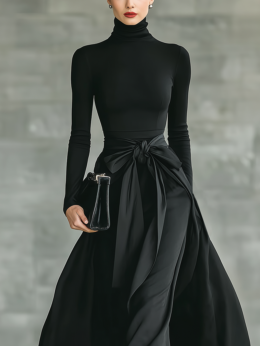 Black Maxi Dress for Women with High Collar, High Stretch, Knitted and Satin MDA2851J4T