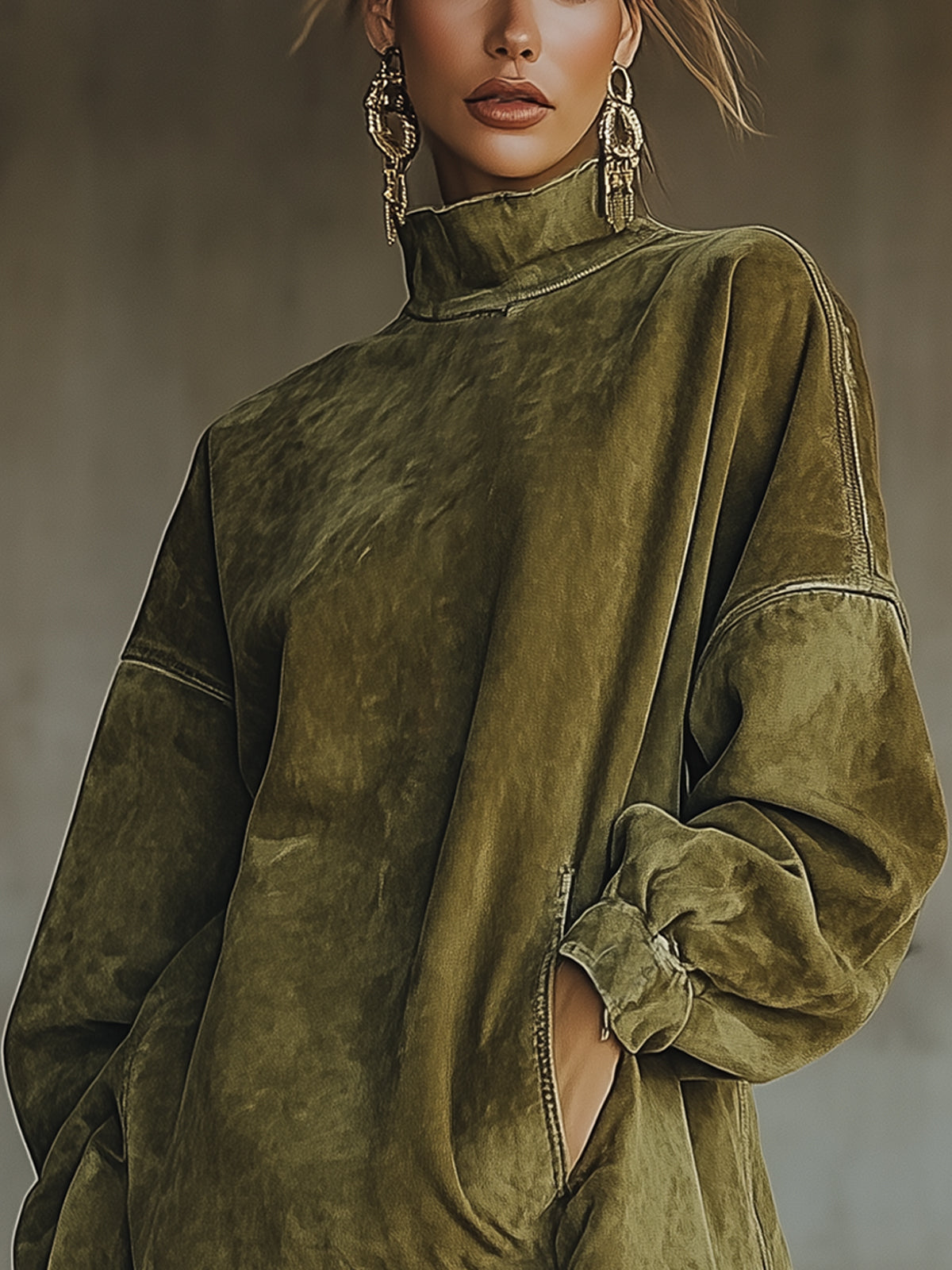 High Neck T-Shirt Dresses - Olive
