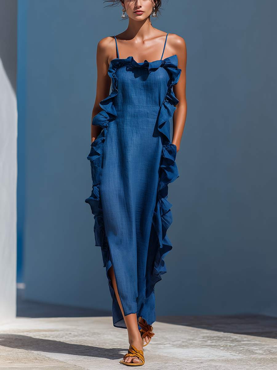 Maxi Dresses for Women in Mixed Linen Fabric in Blue with Spaghetti Straps and Ruffled Edges MDZ2407D1T