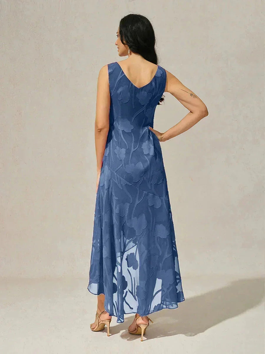 Sleeveless Floral Silk Evening Dresses with Asymmetrical Hem