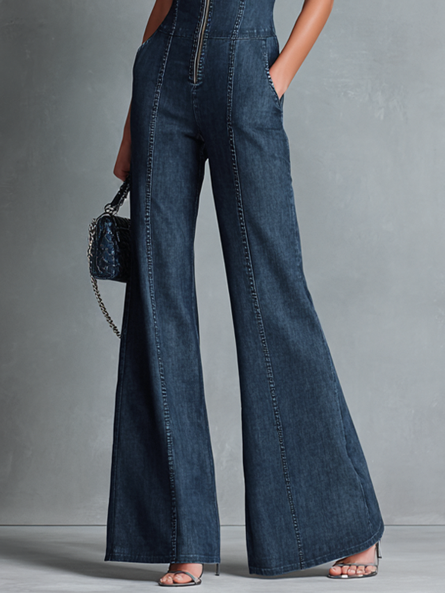 Dark denim dresses with a high collar, sleeveless, with a front zipper MDZ1239B2BA