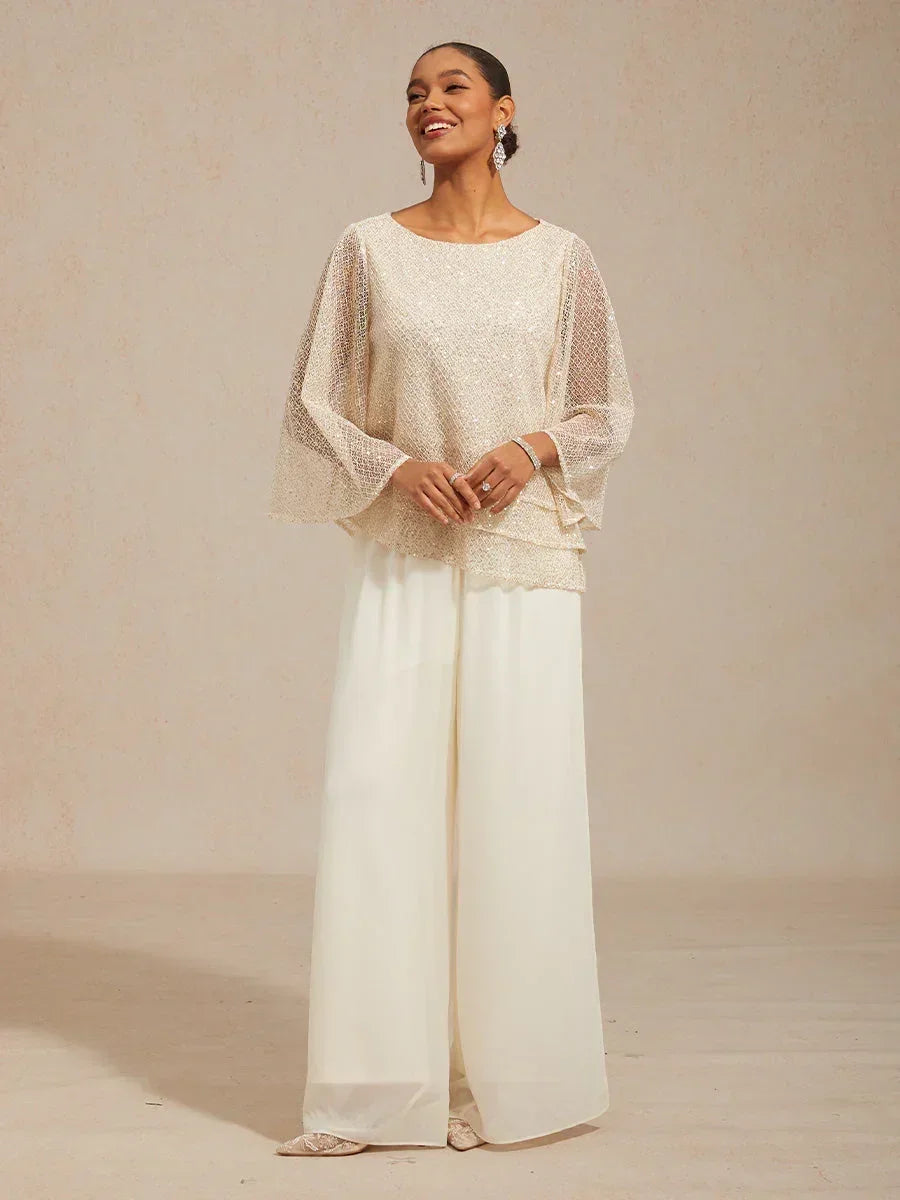 Layered mesh top with sequins and bell-shaped sleeves