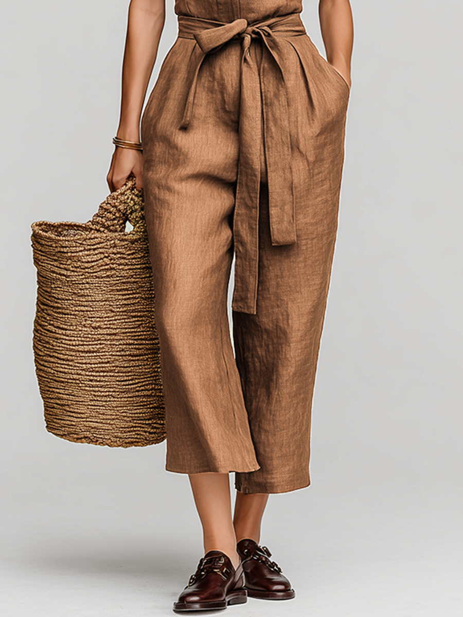Brown Linen Jumpsuit for Women with Tie Waist and V-Neck Collar, Classic Vacation-Daily Style MDZ0638B5I