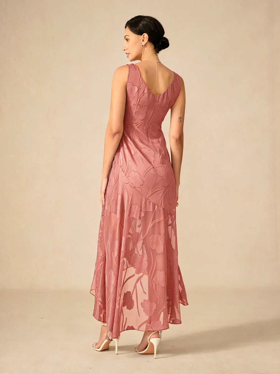 Sleeveless Evening Dresses in Floral Chiffon with Asymmetrical Hem
