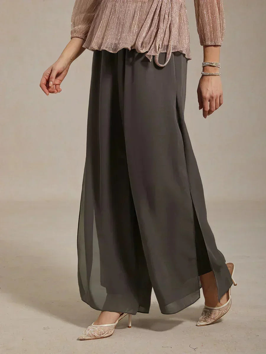 Straight Leg Pants with Chiffon Layer and Cut