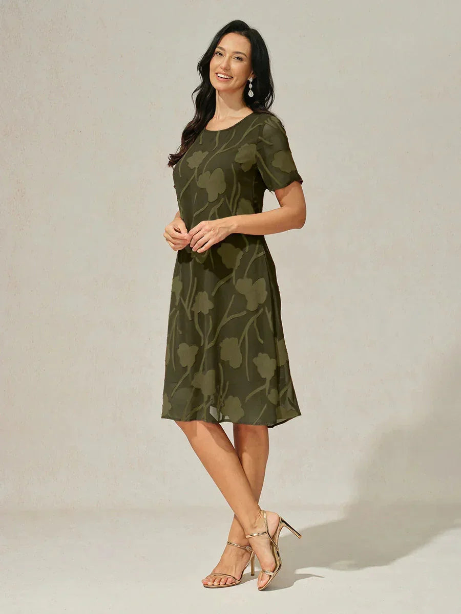A-Line Chiffon Dress with Flowers, Knee Length