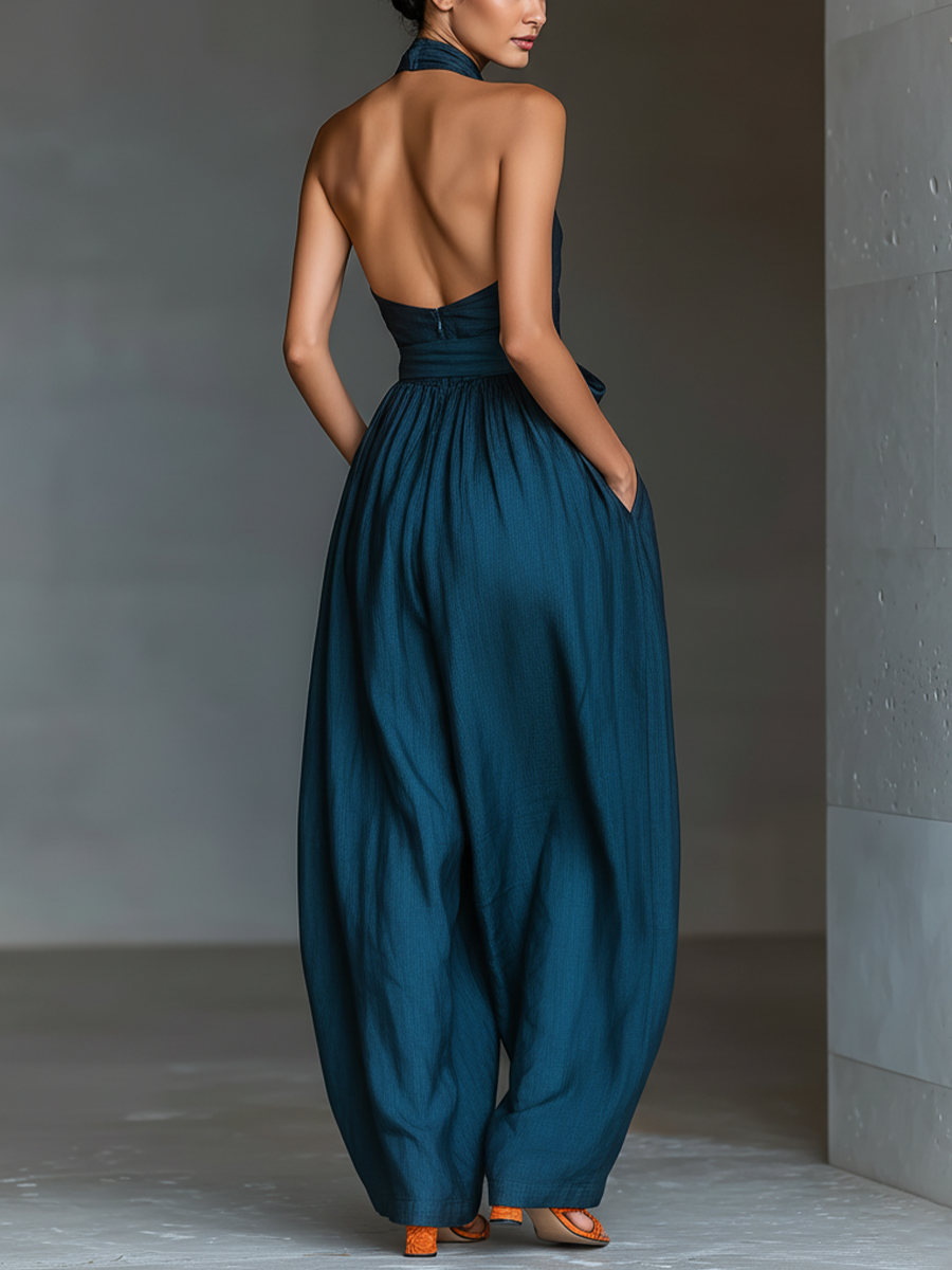 Women's Summer Dress in Dark Blue Linen Fabric with Cross Collar, Adjustable Waist, and Wide Pants MDZ0455B5T