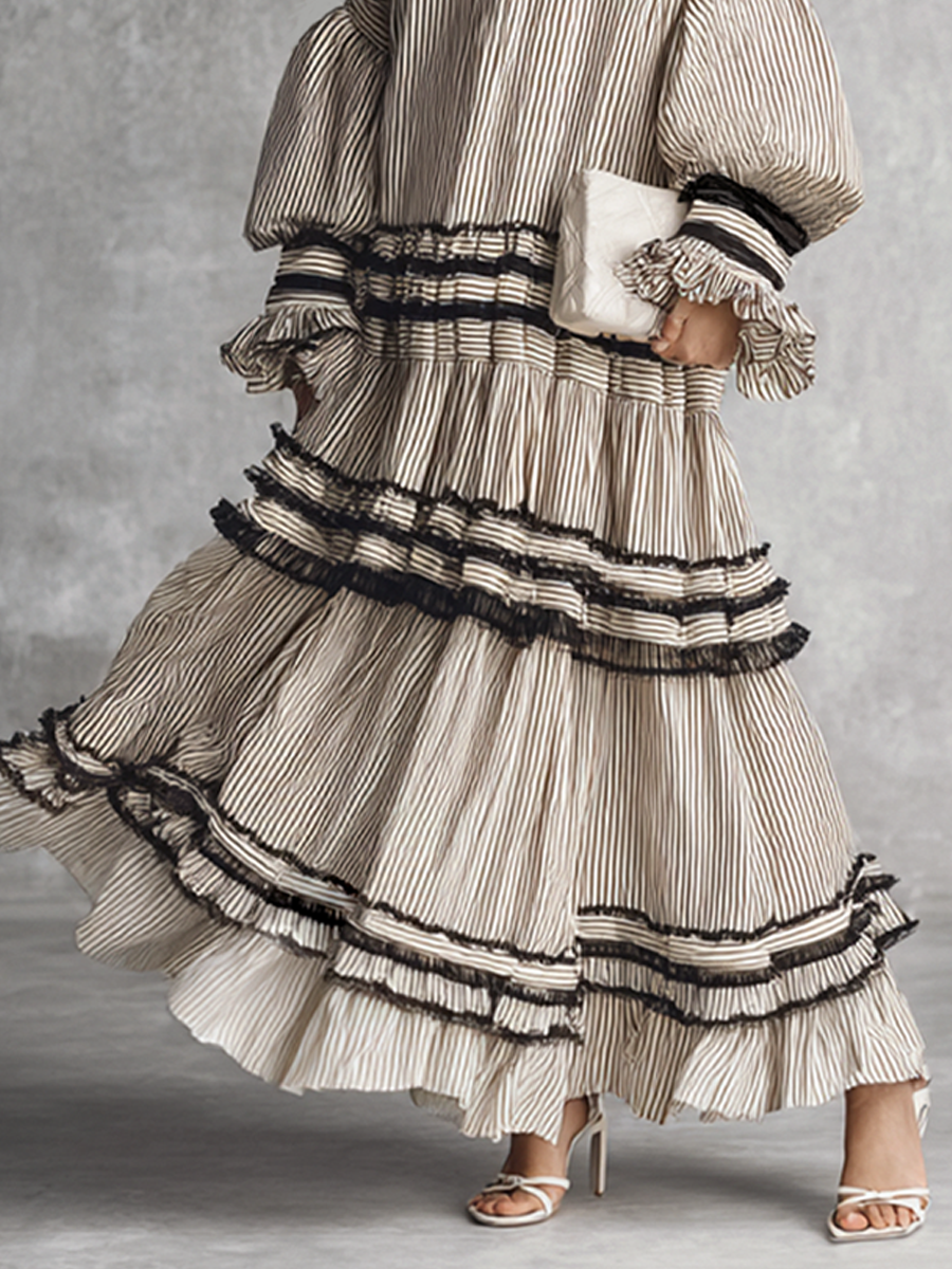 Maxi Dresses for Women with Ruffles and Stripes in Brown and White MDZ1426B2BA
