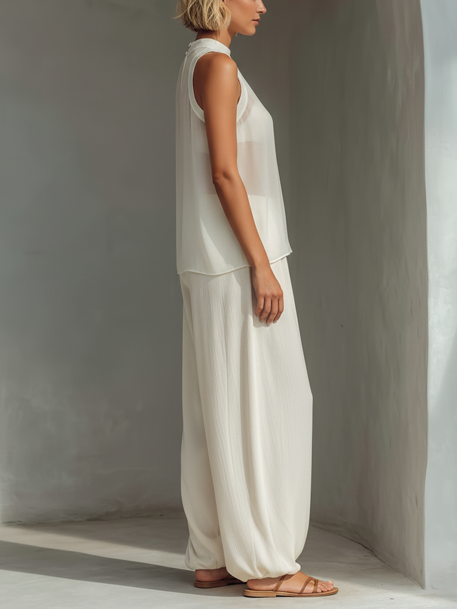 Two-Piece Set for Women in Cream Color with Sleeveless Sheer Silk Top and Wide Skirt Made of Cotton and Linen MDZ1039C4T