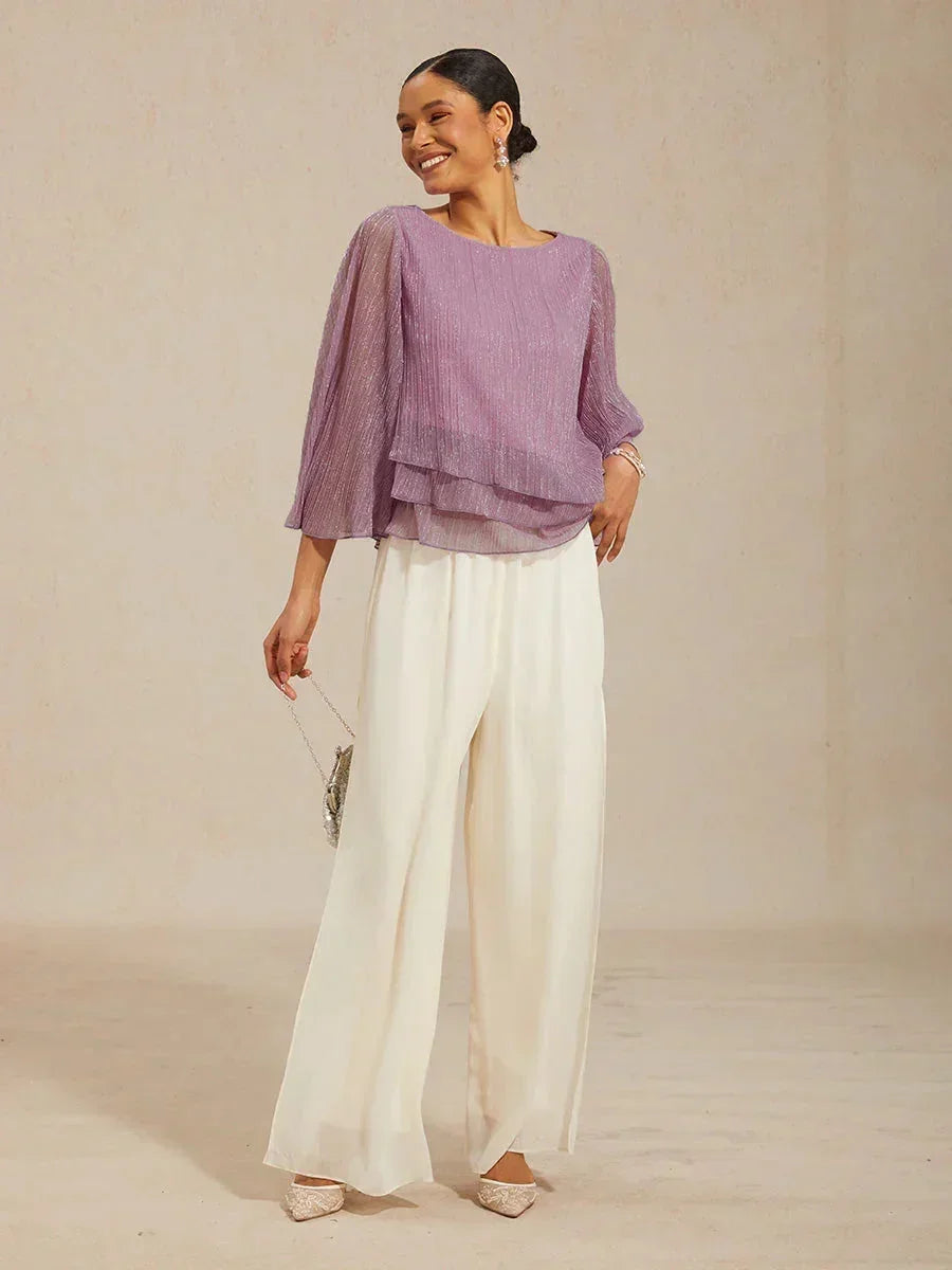 Asymmetrical Layered Shirt in Crinkled Metallic Chiffon