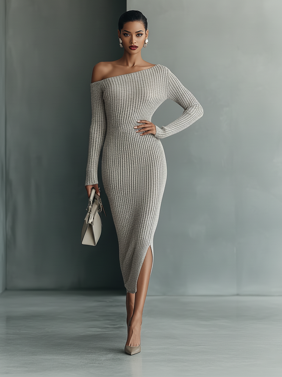 Gray Knitted Dresses for Women with One Shoulder MDA0233I9T