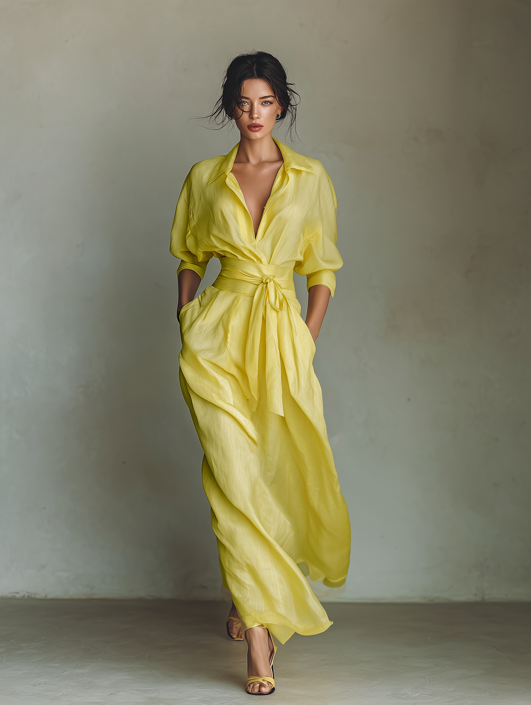 Cotton and Linen Maxi Dresses in Lemon Yellow for Women with Tie Belt and Half Sleeves MDZ2884A4T