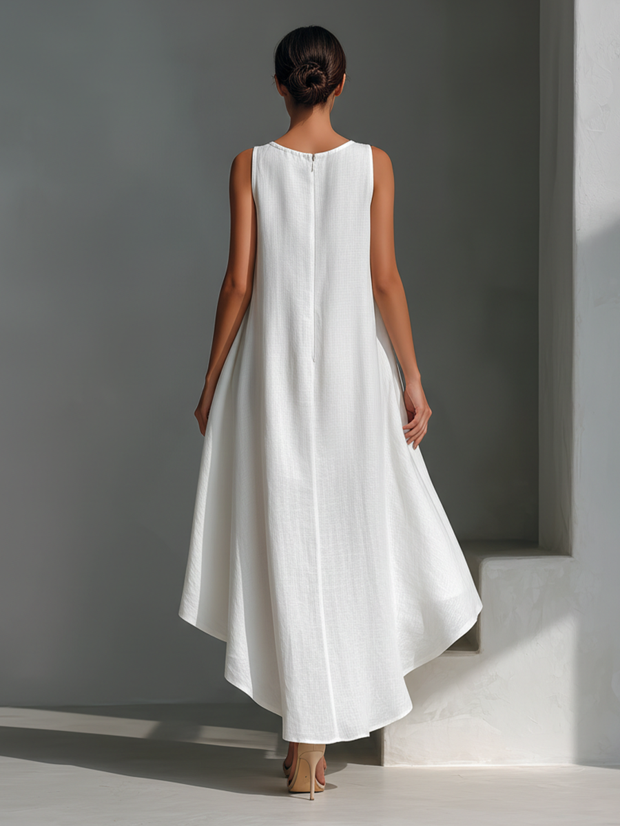 White Linen Sleeveless Midi Dresses for Women with Round Neck and Asymmetrical Skirt MDZ0987B9T