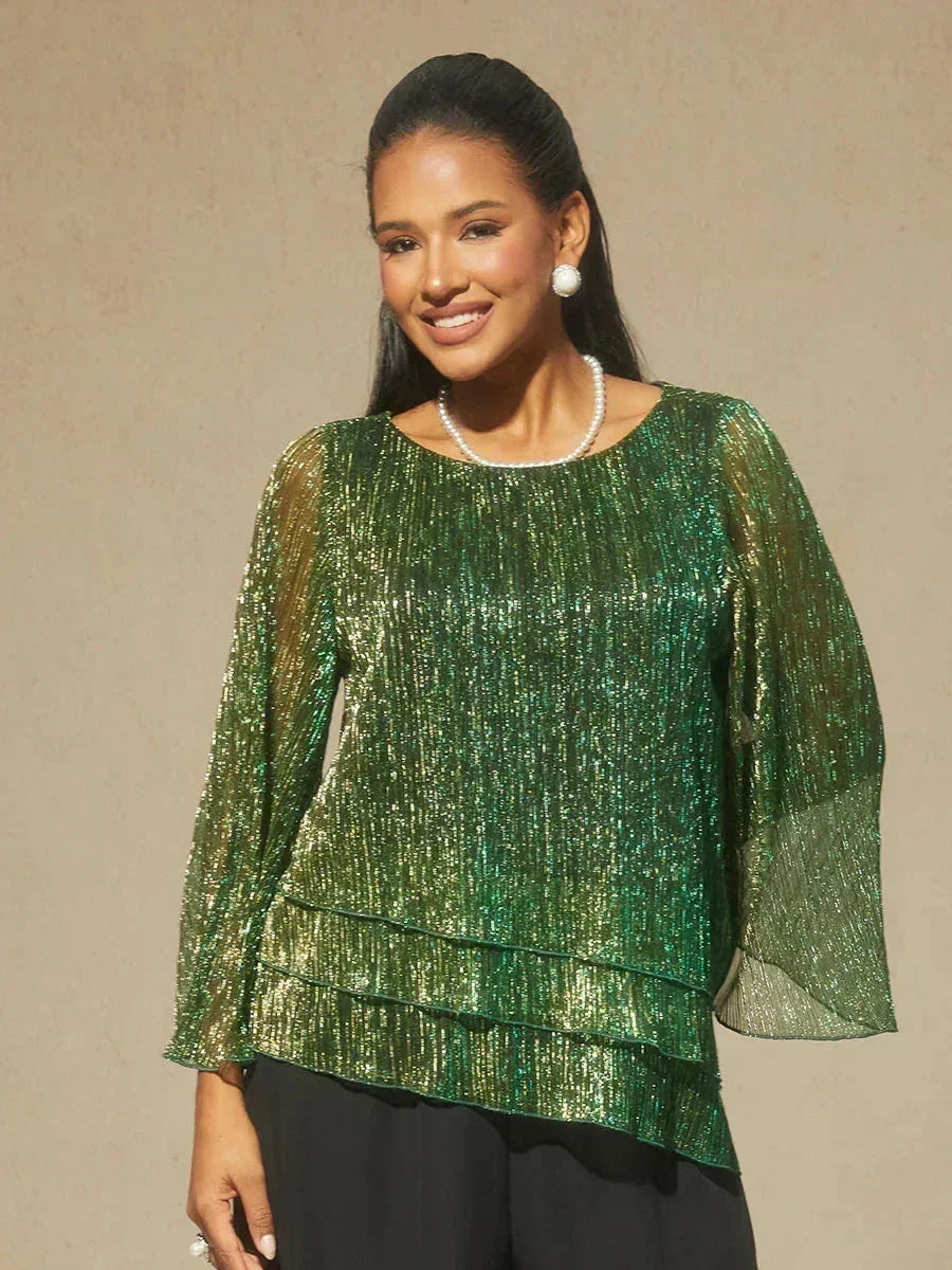 Asymmetrical Layered Shirt in Crinkled Metallic Chiffon