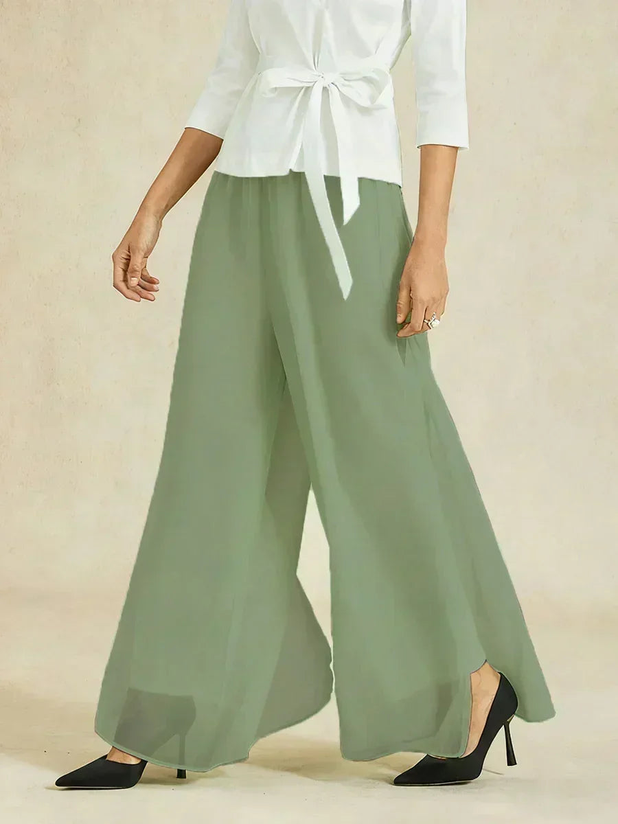 Straight Leg Pants with Chiffon Layer and Cut