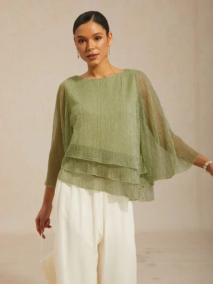 Asymmetrical Layered Shirt in Crinkled Metallic Chiffon