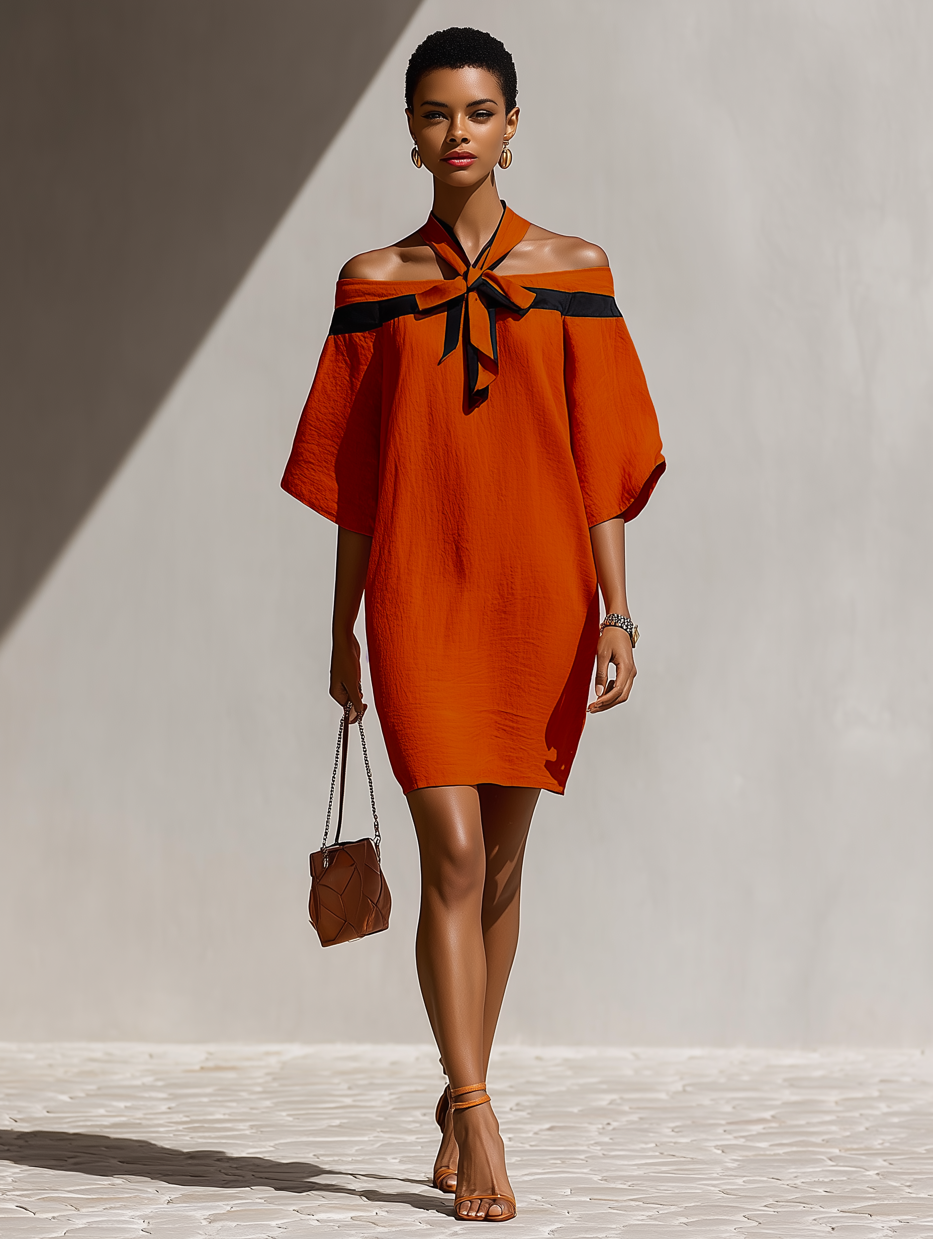 Orange Mini Dress for Women with Black Tie Details at the Neck MDZ1340E3T