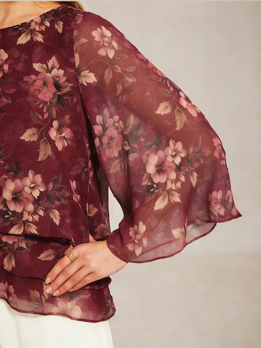 Layered Chiffon Shirt with Lace and Floral Print