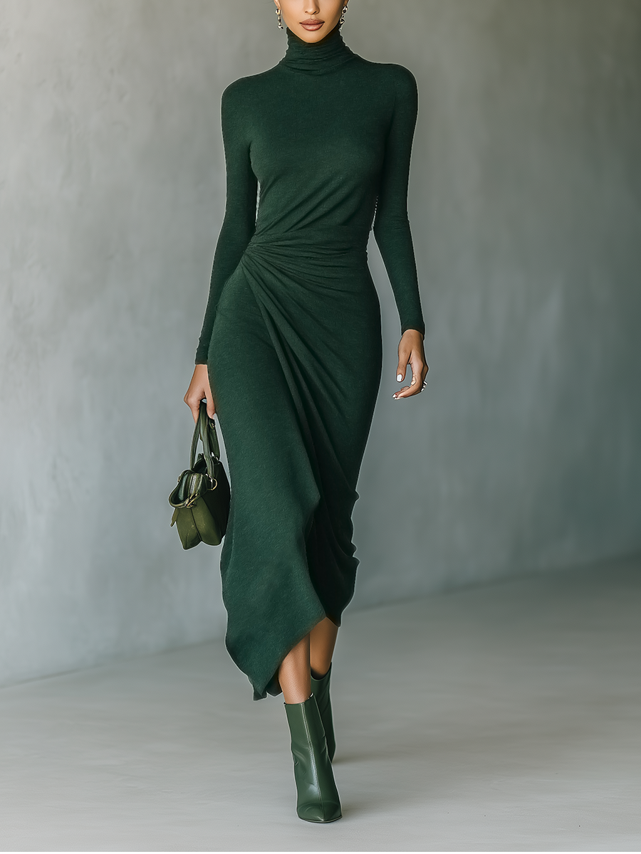 Dark Green Midi Dresses for Women with High Stretch in Sweater Style with High Collar MDA2023J2T