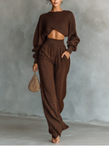 Knitted Set for Women in Coffee Color: Short Top and Wide Pants MDA3000G6T