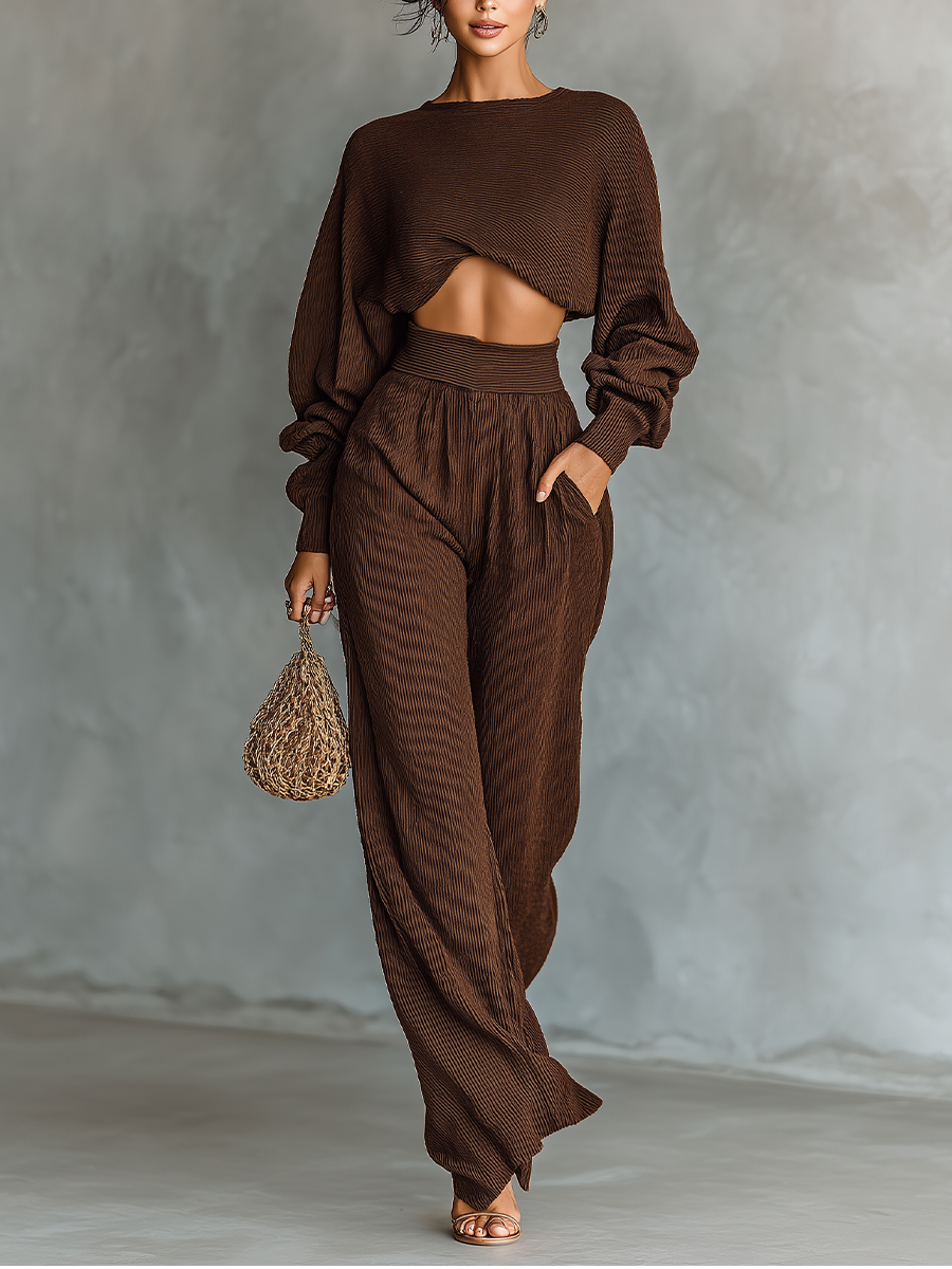 Knitted Set for Women in Coffee Color: Short Top and Wide Pants MDA3000G6T