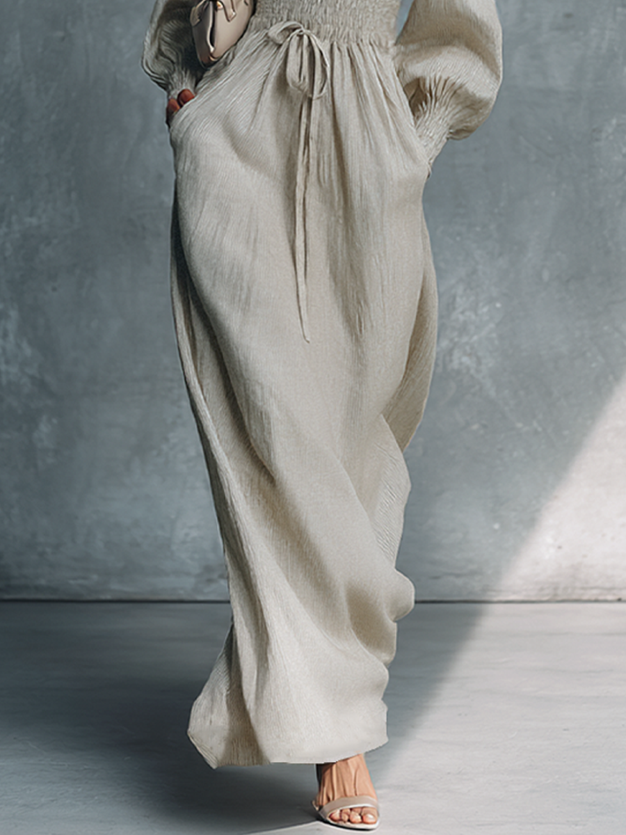 Women's Maxi Dress in Beige Made of Cotton and Linen with Stripes and V-Neck MDZ0361C4BA