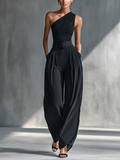 Black Crocheted Top for Women with High Elasticity and Wide Linen Pants MDZ1068B3T