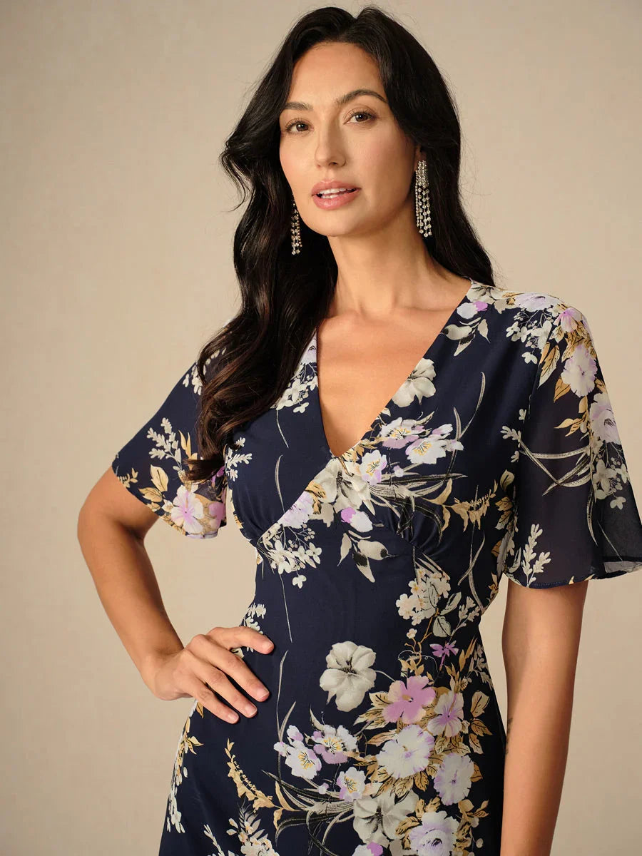 Floral Mid-Length Chiffon Dress with V-Neck and Zippers