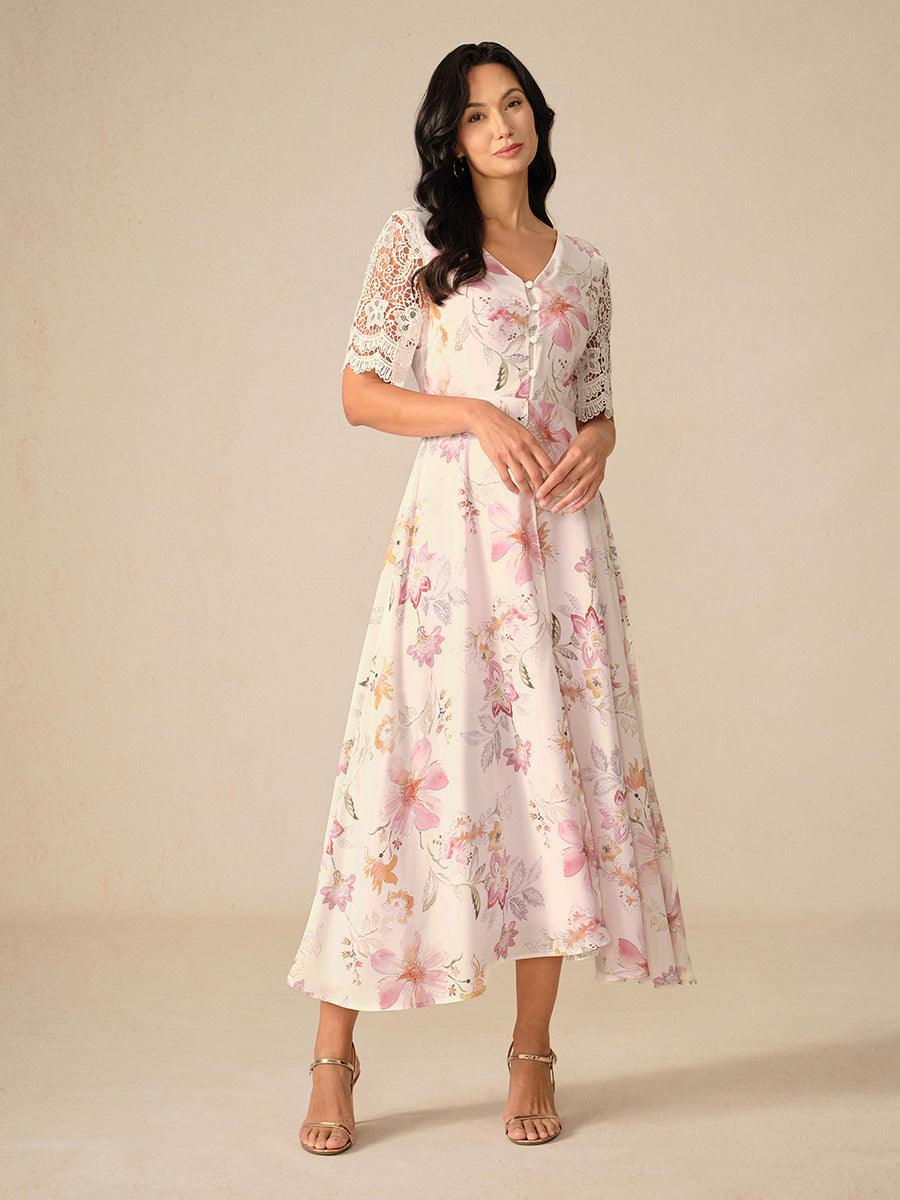 A-Line Floral Chiffon Dress with Lace Sleeve