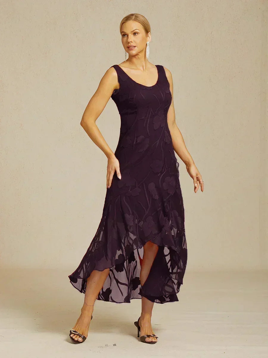 Sleeveless Evening Dress in Floral Chiffon with Asymmetrical Hem