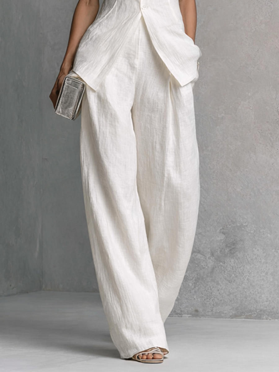 Elegant Sleeveless Top Set in White Cotton and Linen with Wide Pants MDZ0221B1BA